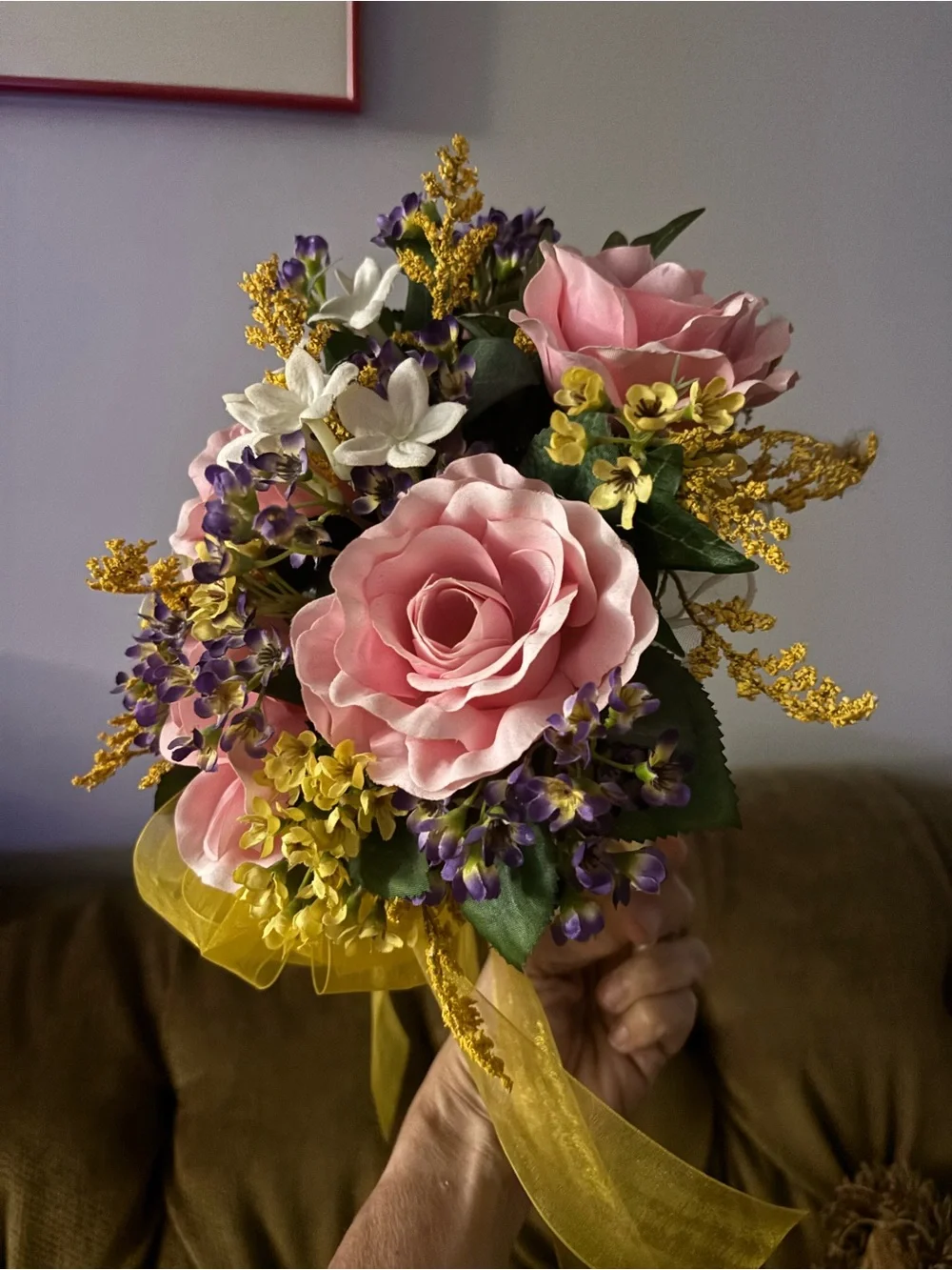 Soft Pink Rose Faux Bouquet with Yellow & Purple Accents -
